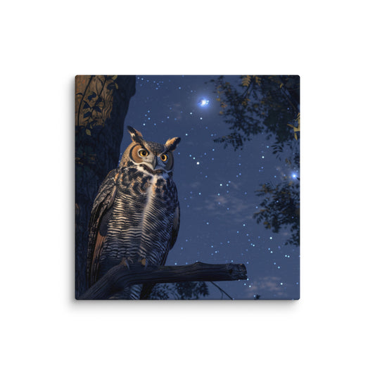 Great Horned Owl Perched at Night Canvas