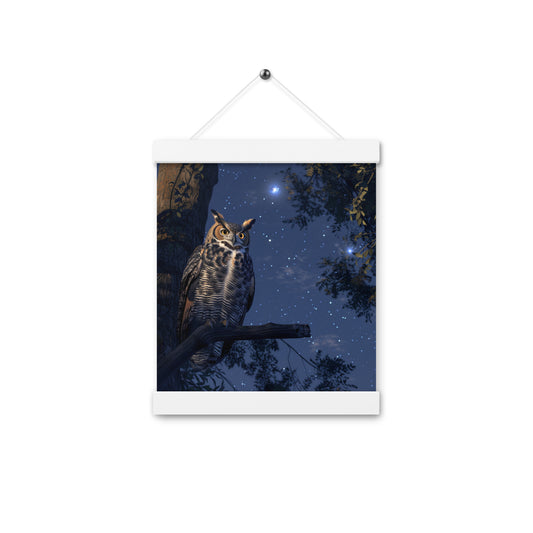 Great Horned Owl Perching at Night Poster with hangers